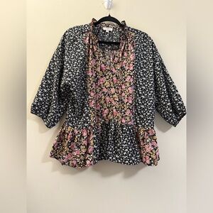 UMGEE Mixed Floral Pattern Balloon‎ Sleeve Loose Peplum Top - M